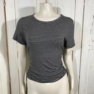 Brit & Bri Gray White Striped T-Shirt Size Med Ruched Tie Side Stretch Soft